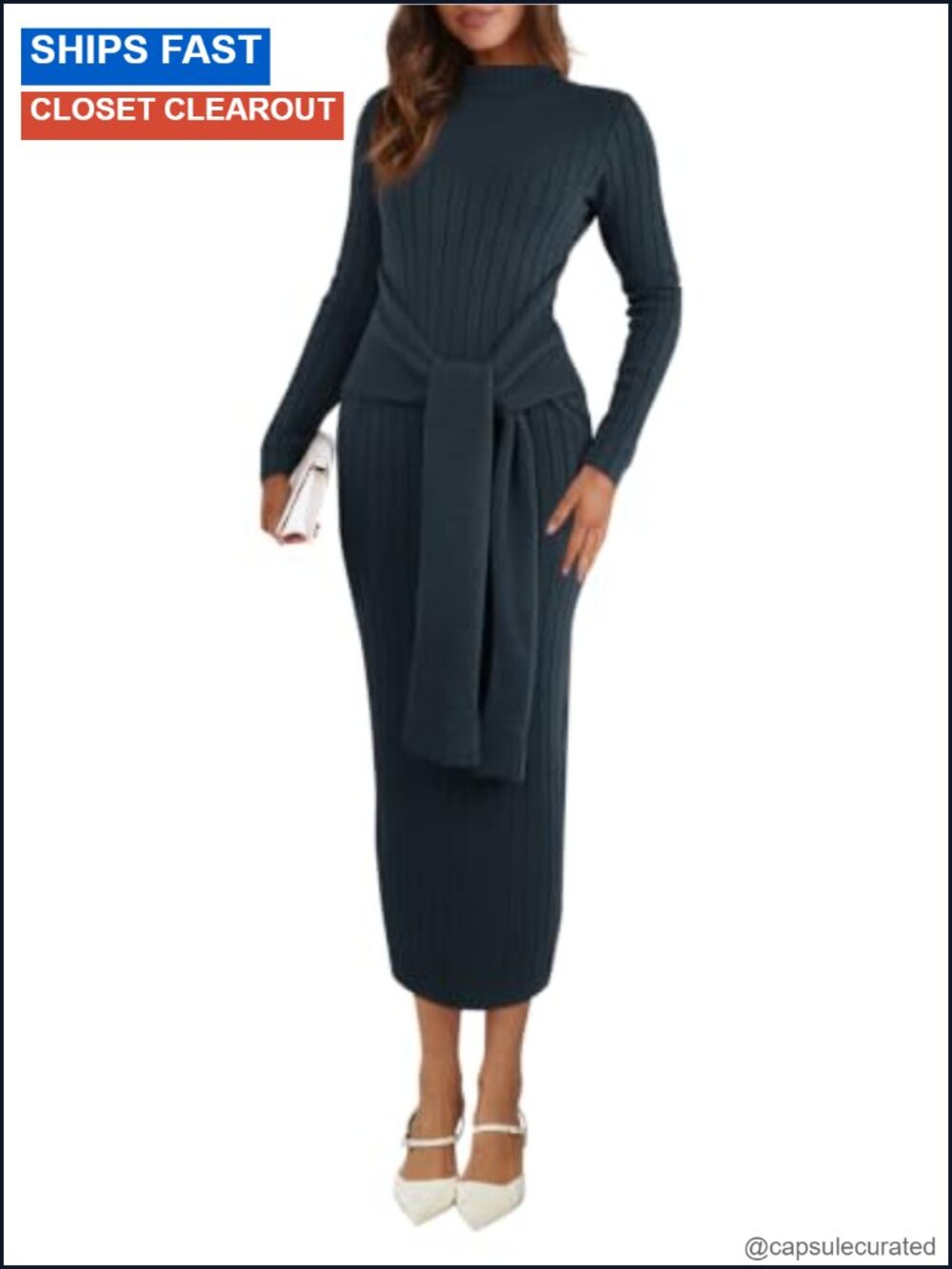 Womens Long Sleeve Midi Sweater Dress Bodycon Mock Neck Ribbed Knit Tie Waist